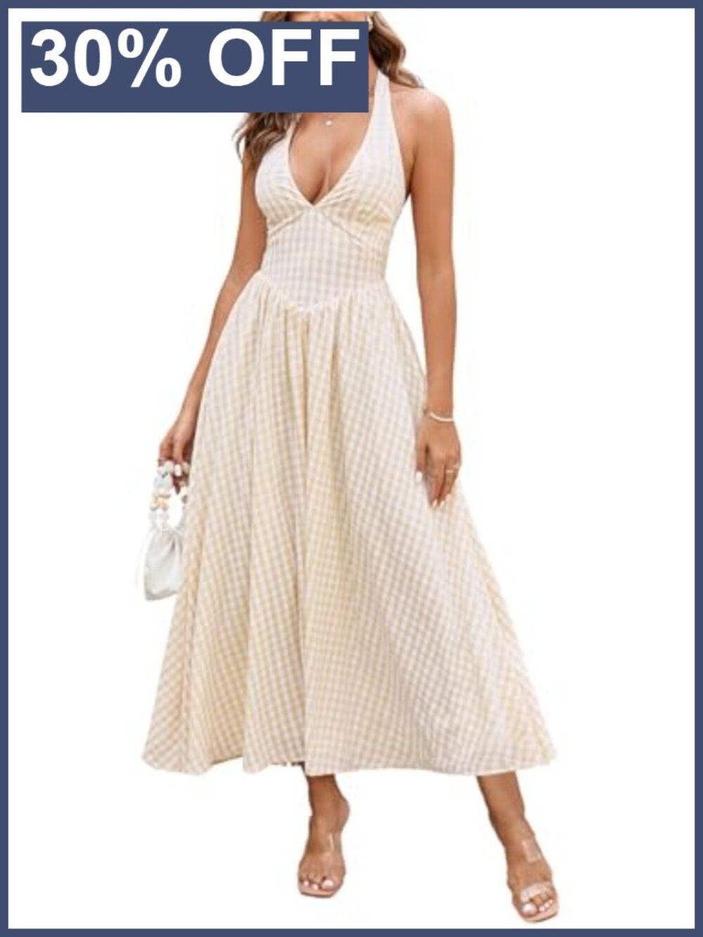Gingham Halter Corset Midi Dress Sleeveless V-Neck Smocked Back A-Line